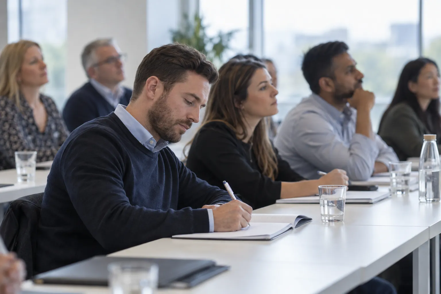 A delegate writing notes during a training session
